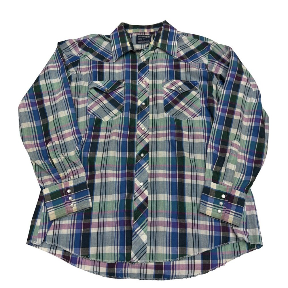 VTG Wrangler Cowboy Cut Shirt X Long Tails Pearl Snap Button Mens, Size 17 - 35